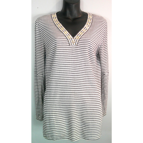 Michael Kors Striped V-neck Women's Small Long Sleeve Blouse Gold Embellishments - Picture 1 of 4